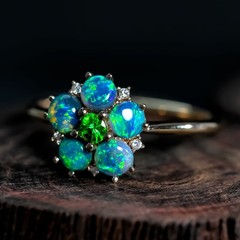 Black Opal, Tsavorite Diamond Floral Engagement Ring in 14K Gold