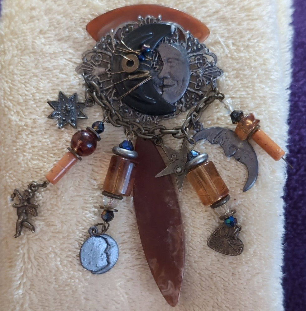 Handcrafted Silver Tone Brown Agate Mixed Media Art Brooch Pin with Charms