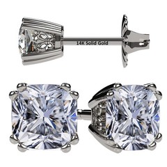 Platinum Plated Silver Stud Earrings With 0.60 CTTW Cushion CZ & 14K Gold Post