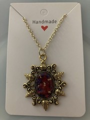 Necklace With Real Red/purple Pressed Flowers In Gold Color Pendant