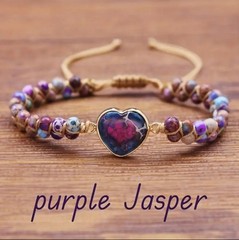 Boho Purple Jasper Stone Heart Crisscross Beaded Adjustable Bracelet