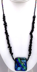 Blue Green Dichroic Pendant Necklace Obsidian & Rainbow Hematite Seedbead