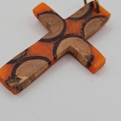 Handmade Resin & Wood Cross 1.5″ Necklace Pendant Charm Orange Christian Faith