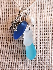 COASTAL BLUES Sea glass jewelry handmade cluster w STARFISH +PEARL Necklace