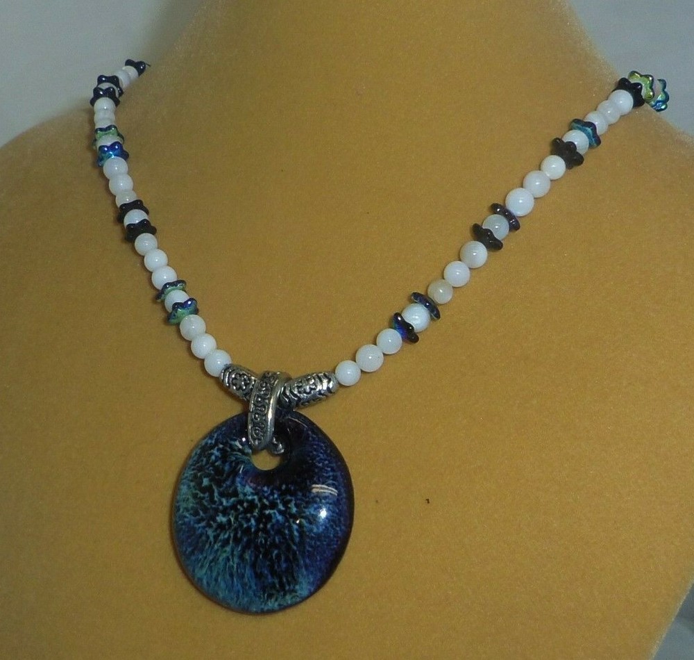 MOP and blue star glass beads porcelain pendant handmade 17in necklace new N211