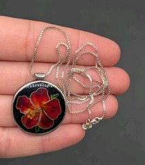 Cloisonne Enamel Sterling Silver Hawaii Hibiscus Flower Signed Pendant Necklace