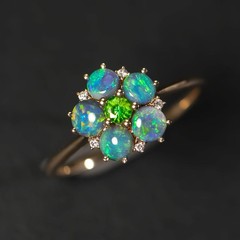 Black Opal, Tsavorite Diamond Floral Engagement Ring in 14K Gold