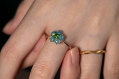 Black Opal, Tsavorite Diamond Floral Engagement Ring in 14K Gold