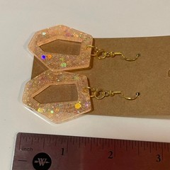 Handmade epoxy resin retro shape dangle earrings-peach glitter holographic fleck