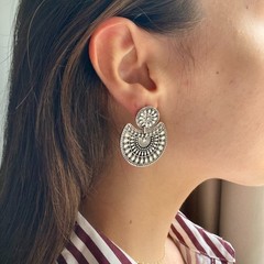 Boho Antique Silver Fan Dangle Stud Earrings Sunburst Cutout Ethnic Jewelry