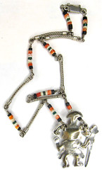 Peru 950 Sterling Silver Multi Stone Inlay Warrior King Pendant Heishi Necklace
