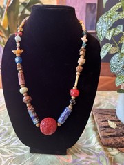 Artisan Boho Statement Necklace Mixed Media Beads Red Cinnabar Style Bead 25”