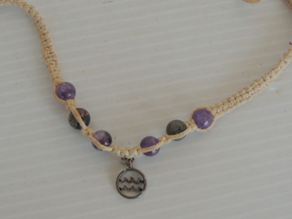 BOHO HIPPIE NECKLACE 18″ Beaded Macrame amethyst beads, with Aquarius sign