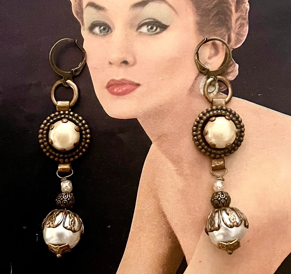 Faux Baroque Pearl Drop Earrings, Vintage Creamy Beige Haskell Pearls, Gold Tone