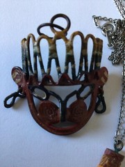 Vintage Aztec Motif 2 Pendants Enamel & Wood 1 w/Chain Boho