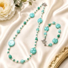Aqua White Glass Bead Necklace Bracelet Demi Parure Toggle Clasp Set