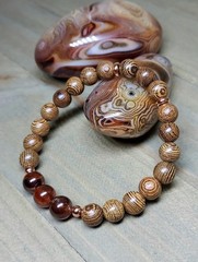 Hessonite Garnet Gemstone Bracelet With Brown Wooden Beads Stretchy 6.50″