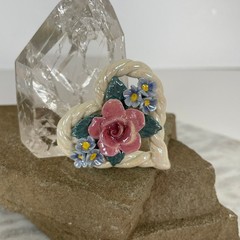 Handmade CERAMIC HEART ROSE Flower Forget Me Nots 3D Pottery Vtg Artisan Brooch