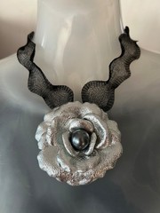 Handmade Silver Leather Flower / Black Mesh Choker