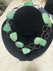 30”Green Chalcedony Nugget Beads &Silver Links necklace W/silver Lobster Clasp.