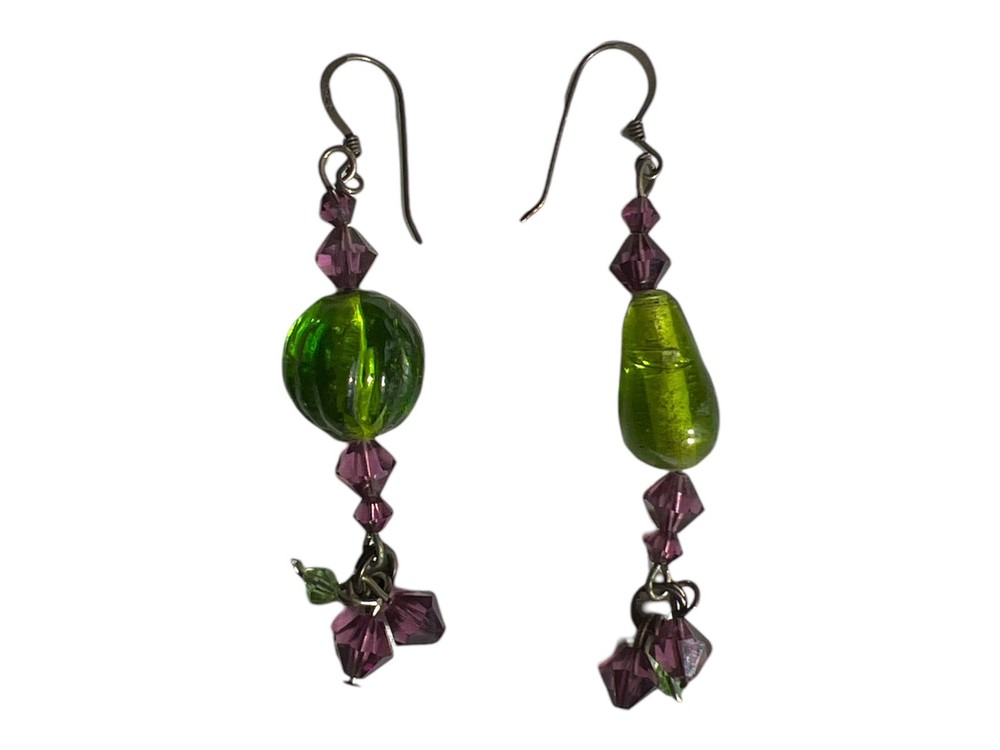 Handmade Beaded Drop/Dangle Earrings 2″L Purple & Green
