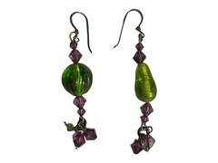 Handmade Beaded Drop/Dangle Earrings 2″L Purple & Green