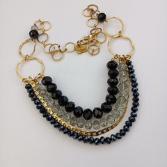 Layered Bib Necklace Gold Tone Black Gray Crystal Israeli Artisan Statement 90s