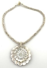 Hand Carved Mother of Pearl Flower Pendant Necklace White Seed Bead 18″