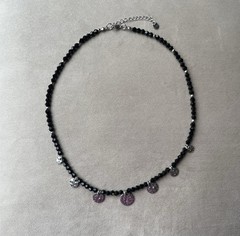 BLACK FACETED GLASS & STAINLESS STEEL CHARMS Full Moon Unisex Necklace 17”