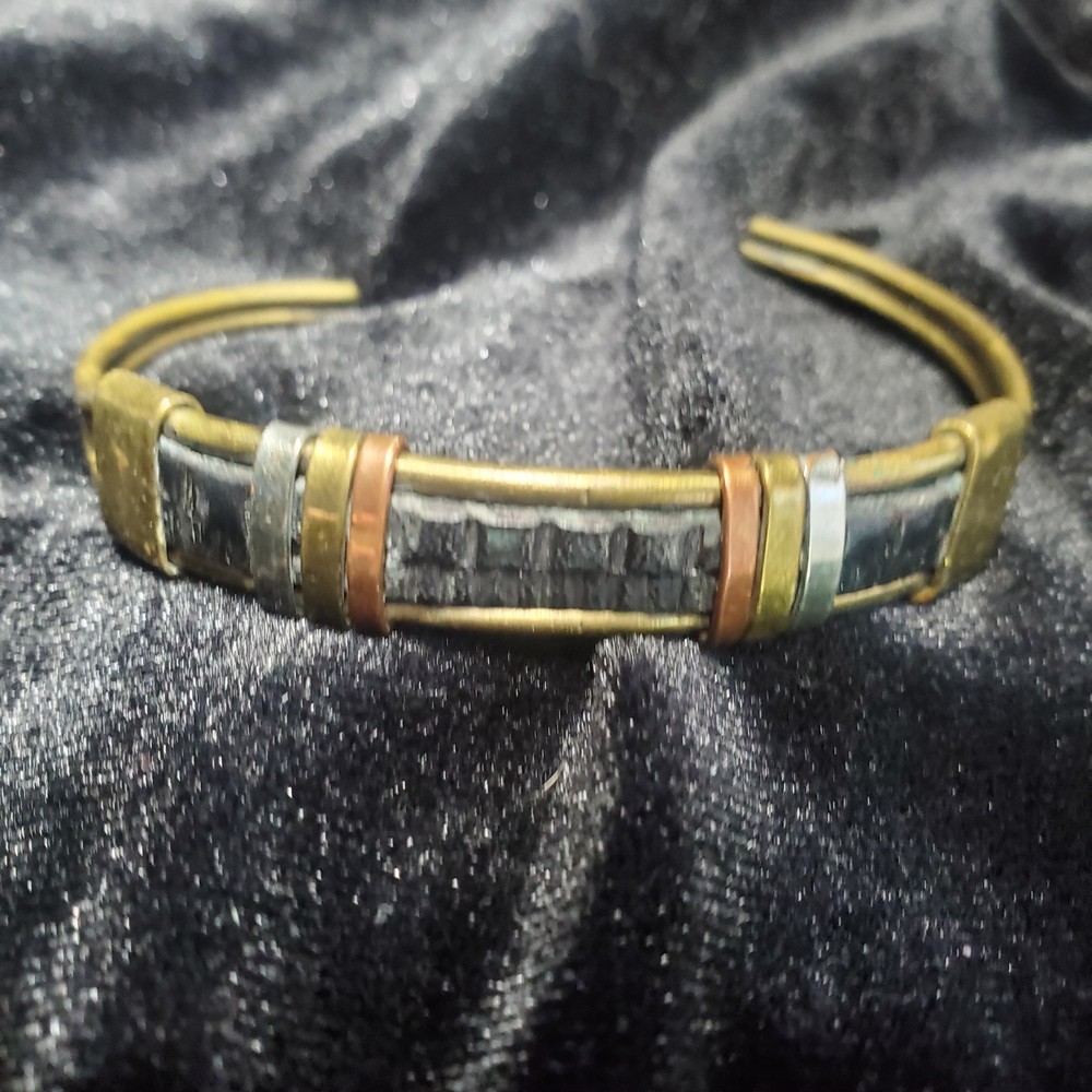 Artisan Made Multi-metal Brass Copper & Silver Cuff Bracelet With Black Inlay
