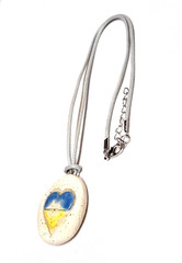 Rustic Heart White Yellow Blue Polymer Clay Oval Pendant Necklace 19″ Boho GUC