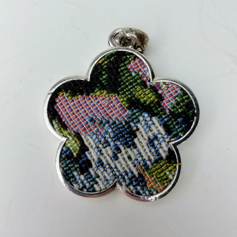 Handwoven Flower Shaped Pendant Silver Toned Green Black White Blue Pink Artisan