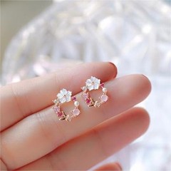 Natural Pearl Crystal Flower Post Earrings Rose Gold Butterfly Stud Earrings