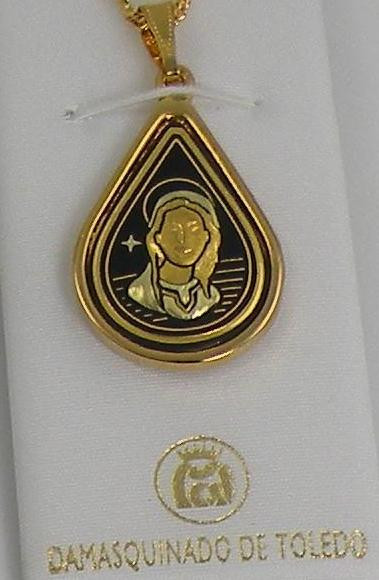 Damascene Gold Virgin Mary Teardrop Pendant Necklace by Midas of Toledo Spain