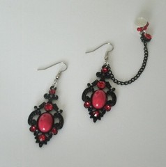 Gothic Black Noir Earrings Ear Cuff Red Stones Goth Art Deco Nouveau Renaissance