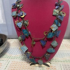VTG 1980’s ARTISAN NECKLACE Painted Metal & Semi-Precious Stones Double Strand