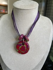 Artisan OOAK Red Purple Green Polymer Clay Ribbon Necklace NWT Modern Elephant
