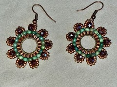 HANDMADE BEADED FLOWER EARRINGS Copper Hex Green Beads Purple Crystal