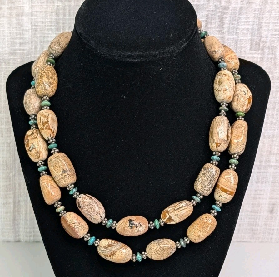 Brown Jasper Turquoise Sterling Bead Necklace 32 Inch Layering 160 Grams Barse