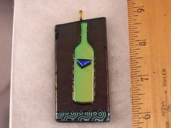Green Wine Bottle on Dark Green with Waves Fused Glass Pendant WP09