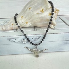 Bull Head Silver-tone Metal Pendant on Gunmetal Ball Chain OOAK Cowgirl Biker