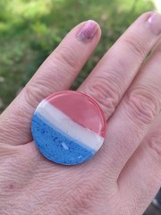 Handcrafted Gold Adjustable Polymer Clay Ring Round Red White Blue