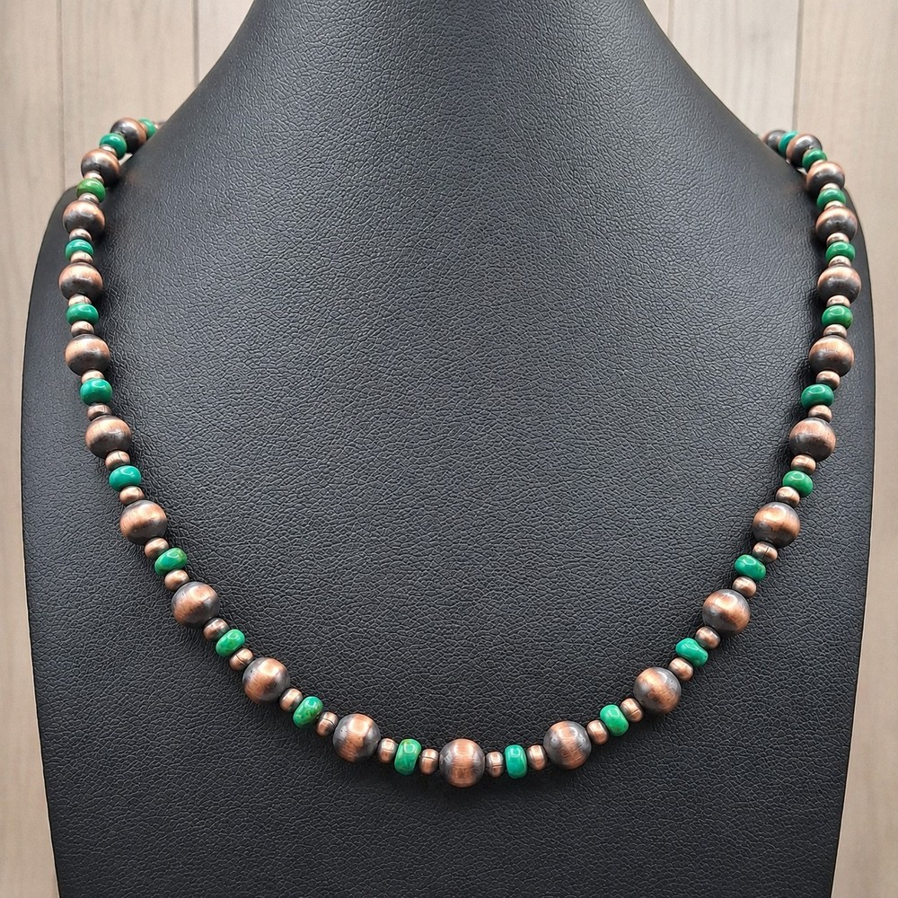 Sonoran Green Turquoise Solid Copper Navajo Pearl Necklace 23″ Southwestern