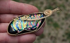 Large Dichroic Glass Pendant 14K Gold Filled Wire-Wrapped Iridescent Multi Color