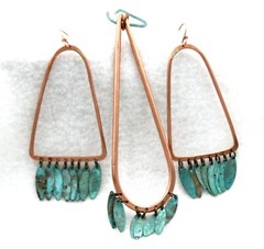 Unique Copper Green Dangle 3 1/4″ Earrings & Long 5″ Pendant Necklace Set ~ NEW