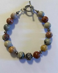Vintage Sterling Silver Gray Tan Red Agate Beaded Bracelet- 8.25 in