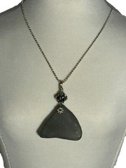 Sea Glass Grey Necklace Silver Plated Ball Chain 18” W/Extender Antiqued Bead
