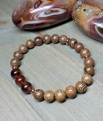 Hessonite Garnet Gemstone Bracelet With Brown Wooden Beads Stretchy 6.50″