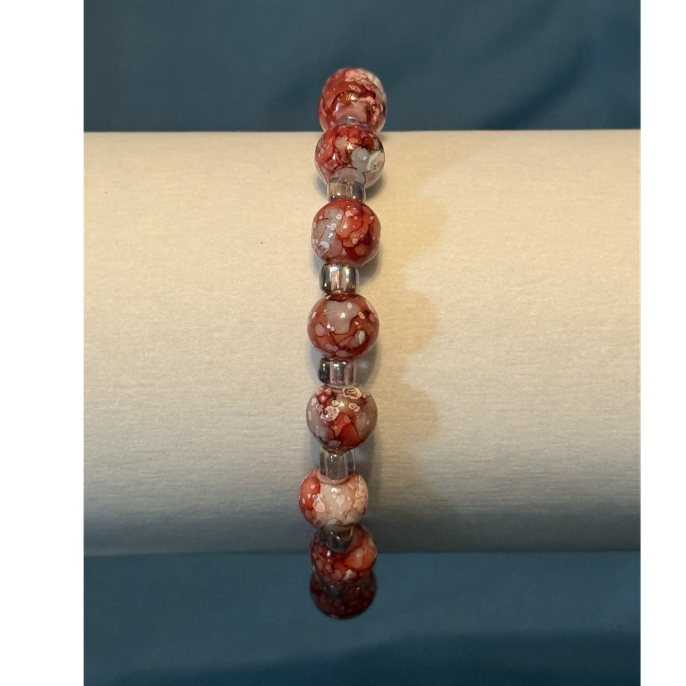 Beaded Glass Bracelet Red and White Round Stretch Unisex Adults