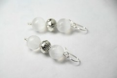 Selenite Earrings White 10mm Ball Natural Gemstone .925 Sterling Silver 1 3/4″